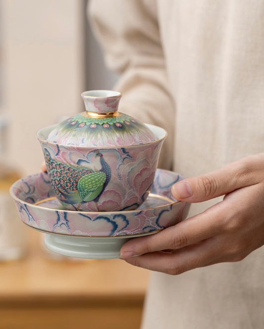 Chinese Peacock Lidded Tea Bowl