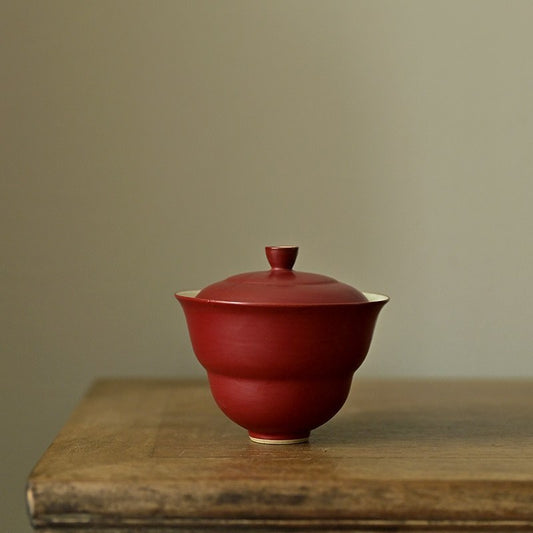 Lacquer Red Citation Gourd Lidded Tea Bowl